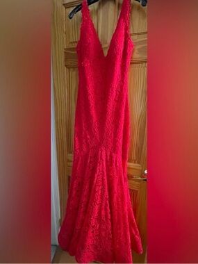 Jovani Red Lace V-Neck Mermaid Gown